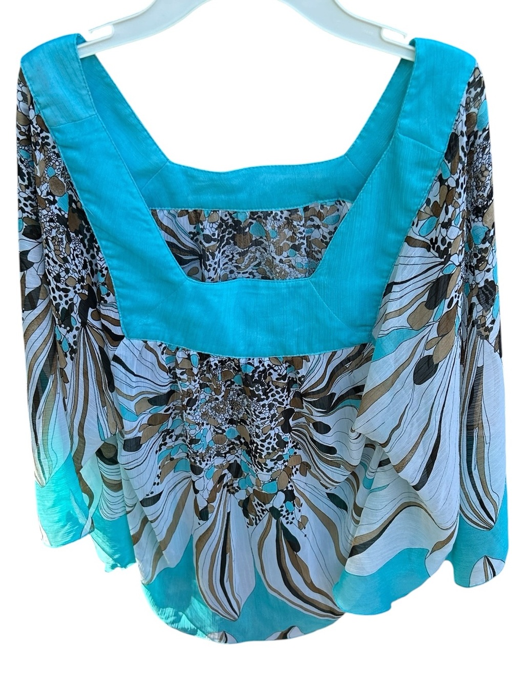 Dots Woman’s Turquoise Sheer Printed Square Neck Women’s Flowy Top SZ XL EUC